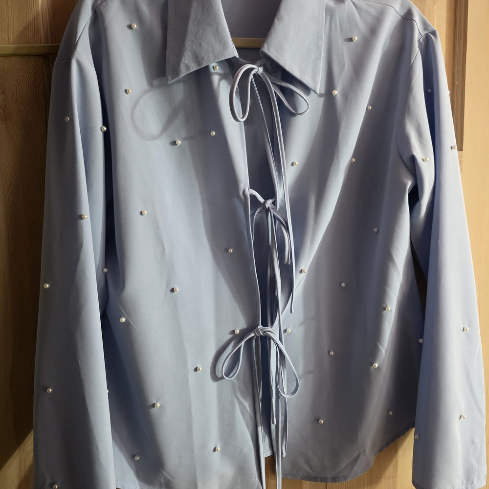Chic Light Blue Pearl-Studded Women's Blouse